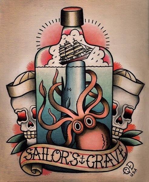 Diseño de tatuaje de botella y kraken