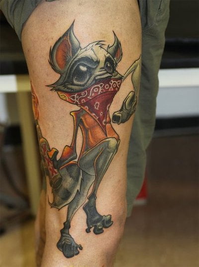 Racoon tattoo on leg