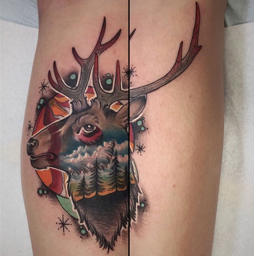 Tatuaje ciervo en la pierna
