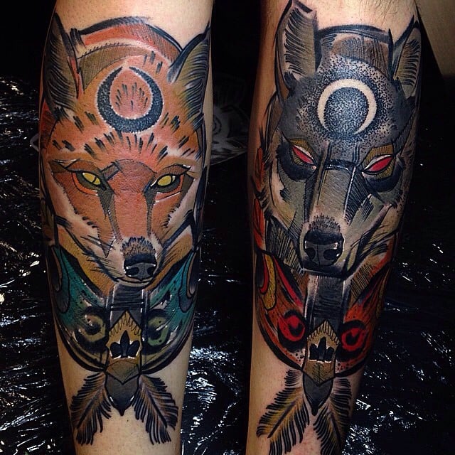 Tatuaje de zorro y lobo